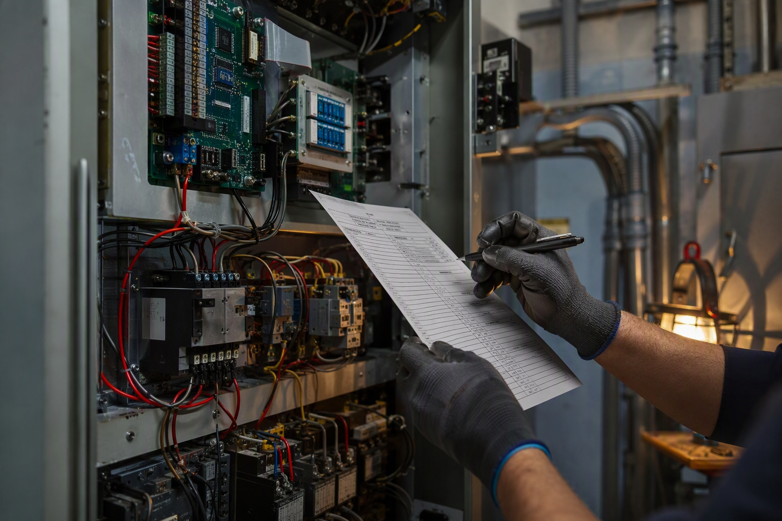 Machine-Room Controller Inspection — D.C. Elevator technician reviewing a compliance checklist beside a machine-room controller in a D.C. healthcare building during a pre-quote site assessment