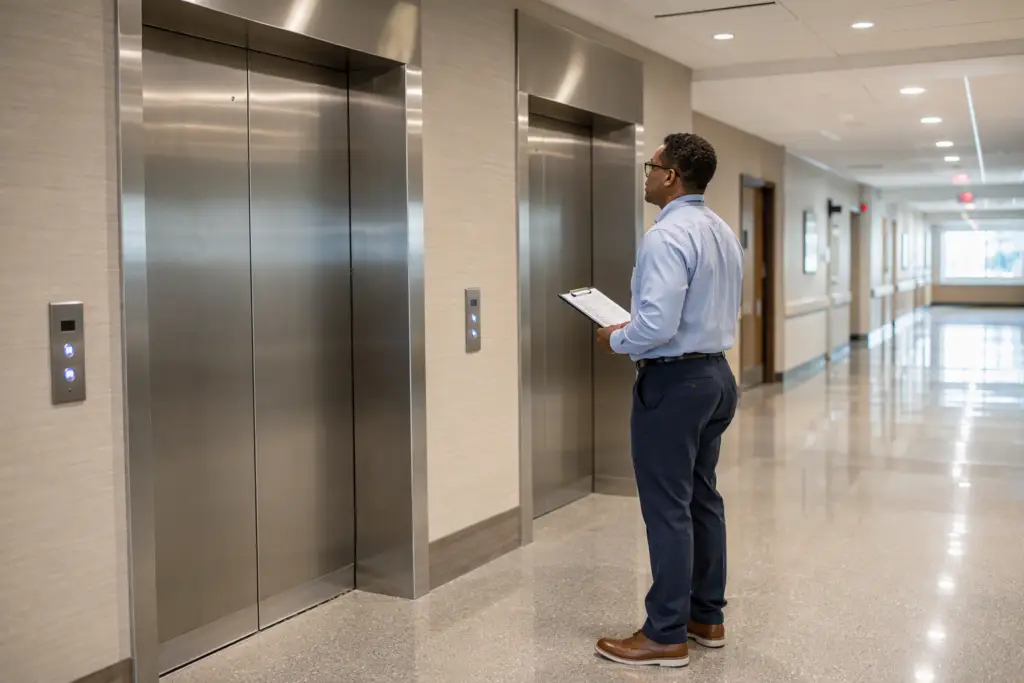 Facility manager reviewing elevator inspection documents in a Washington D.C. healthcare building corridor with stainless-steel elevator doors