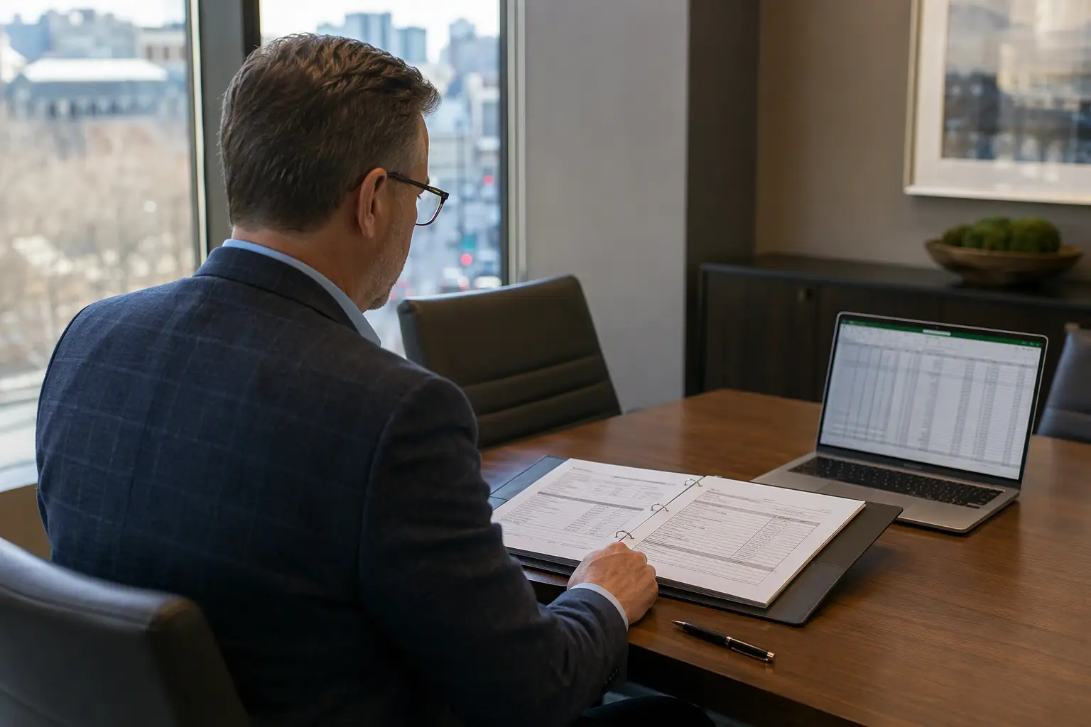 Reviewing an Elevator Service Quote — Washington, D.C. Building manager reviewing a written elevator maintenance and service quote proposal at a desk in a Washington D.C. commercial building management office
