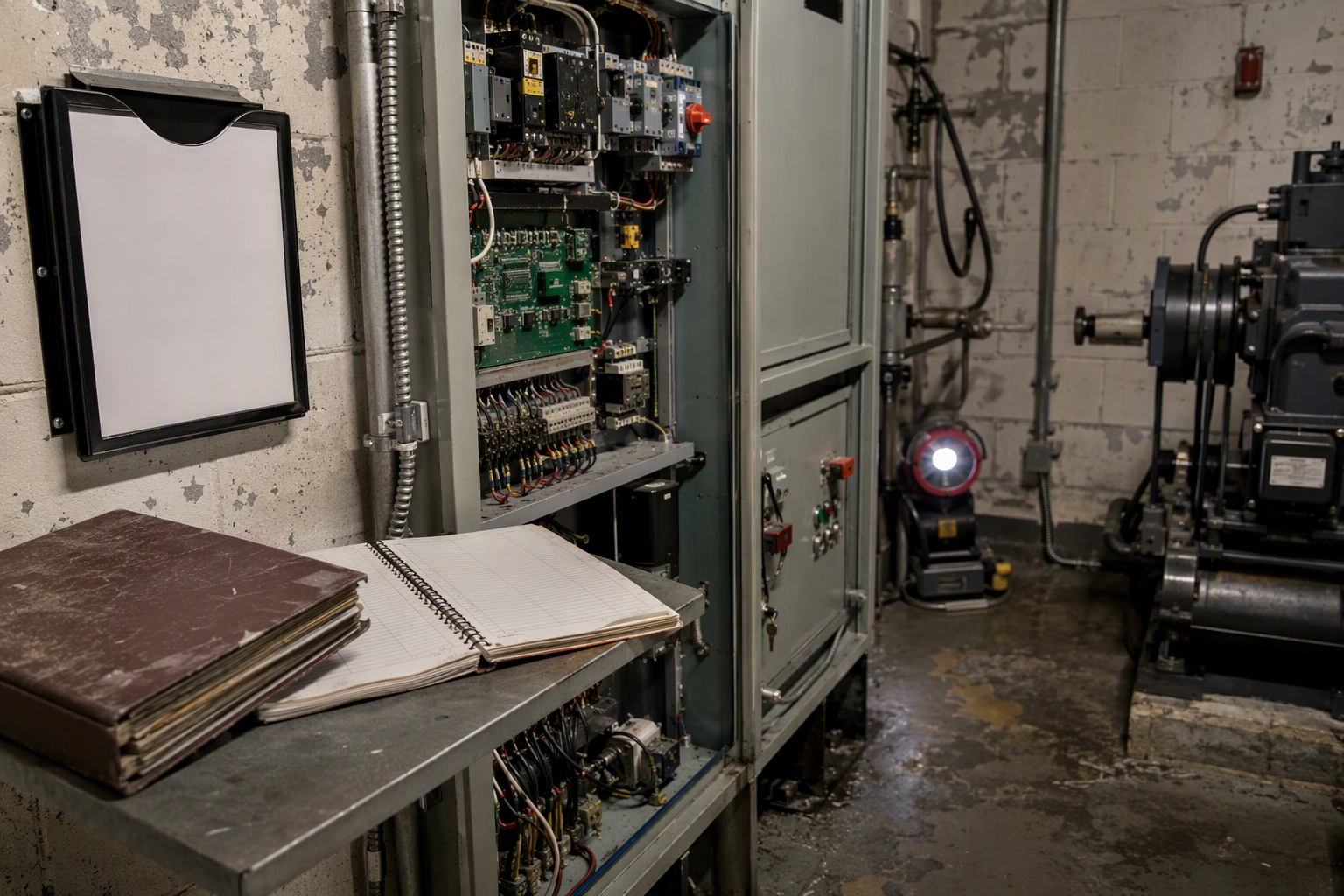Equipment Records in the Machine Room Elevator machine room controller and maintenance logbook in a Baltimore building, showing the equipment records needed to request an elevator service proposal