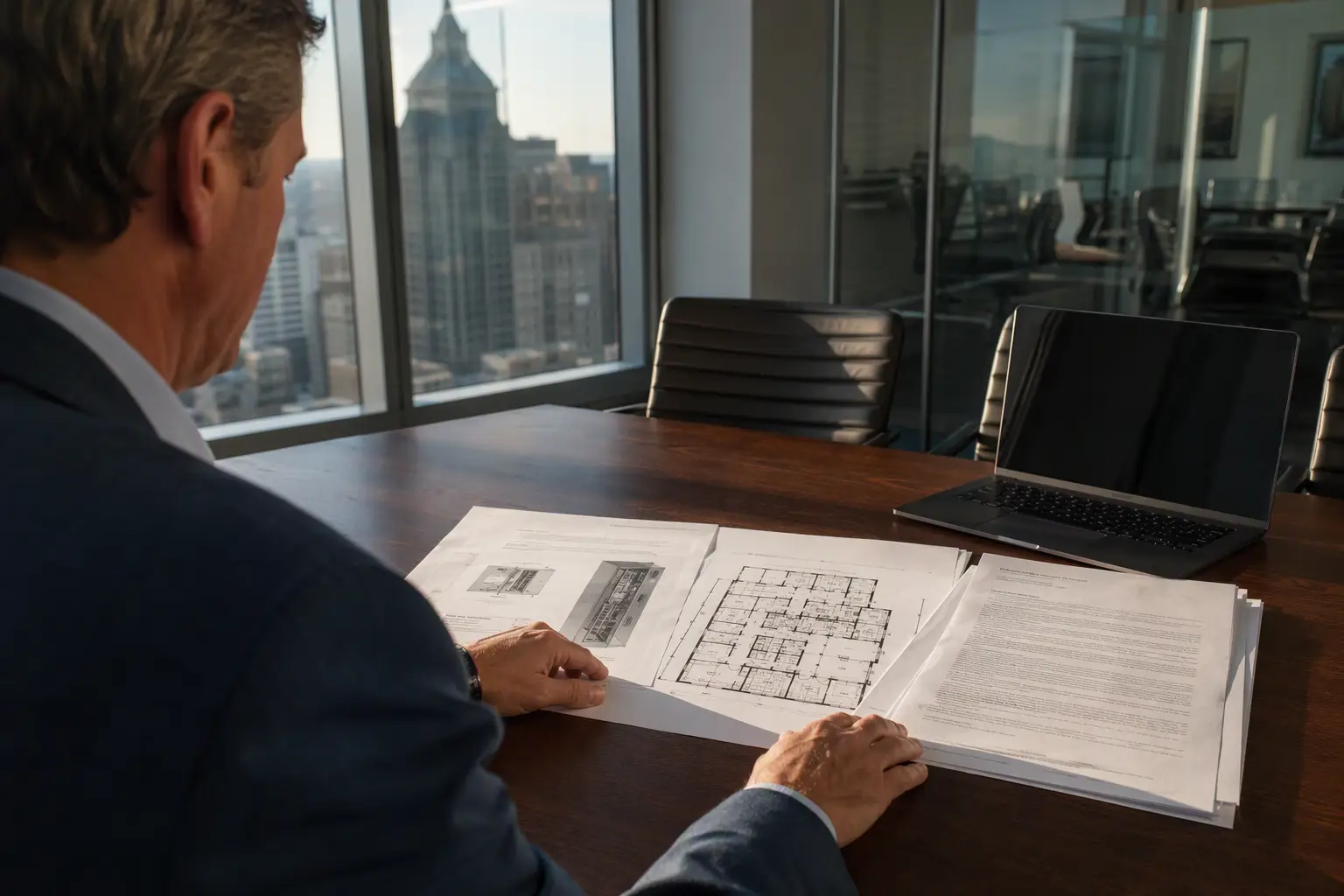 Reviewing the Elevator Service Proposal Scope Facilities director reviewing elevator service proposal documents and building floor plans at a Philadelphia office conference table