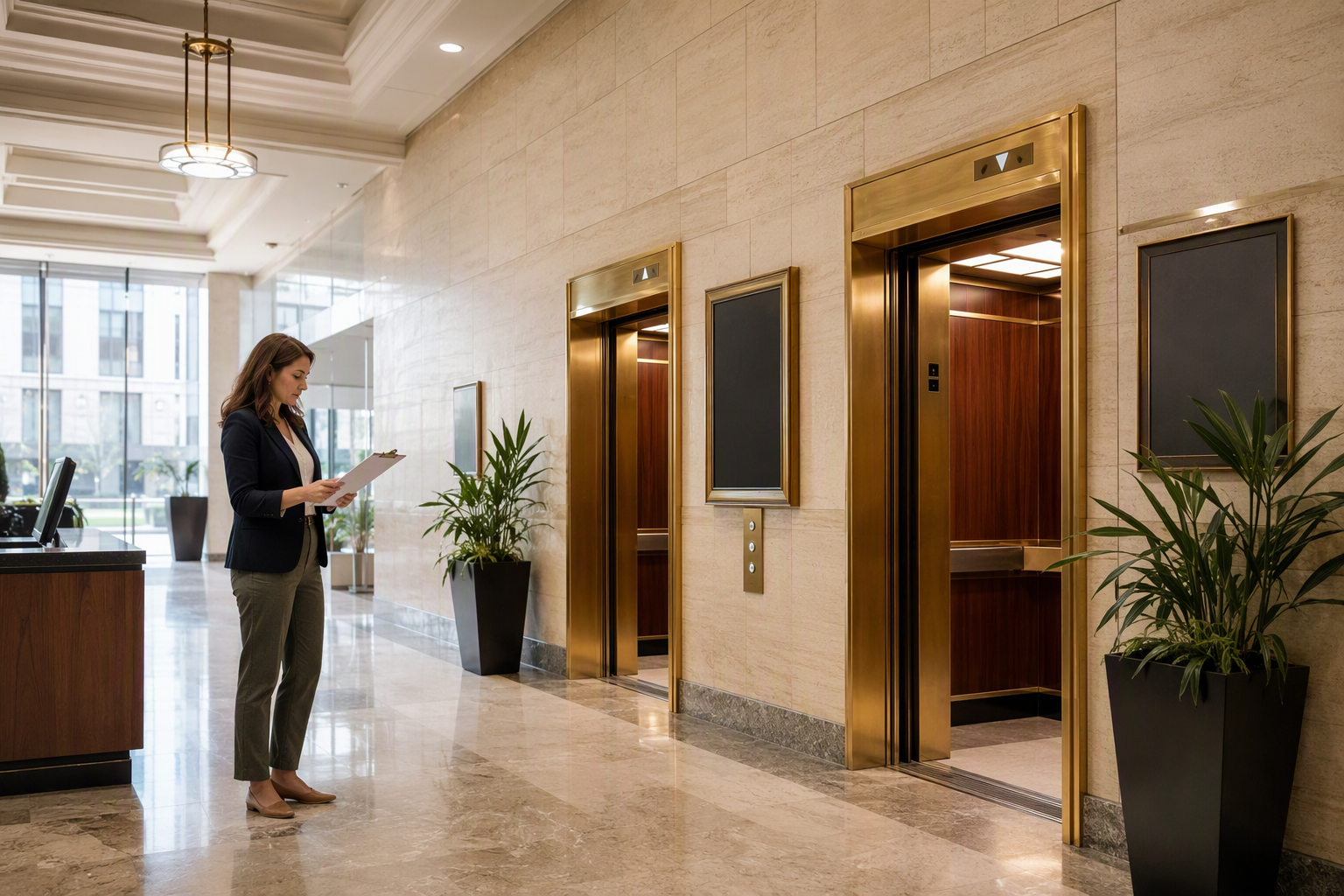 Gathering Information Before Requesting an Elevator Service Proposal Property manager reviewing elevator service checklist in a Washington DC commercial building lobby before requesting a proposal for elevator service at a new location
