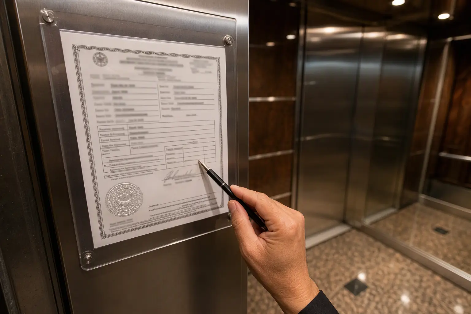 Close-up of a laminated elevator certificate of inspection posted inside a commercial elevator cab, with a hand pointing to the expiration date field