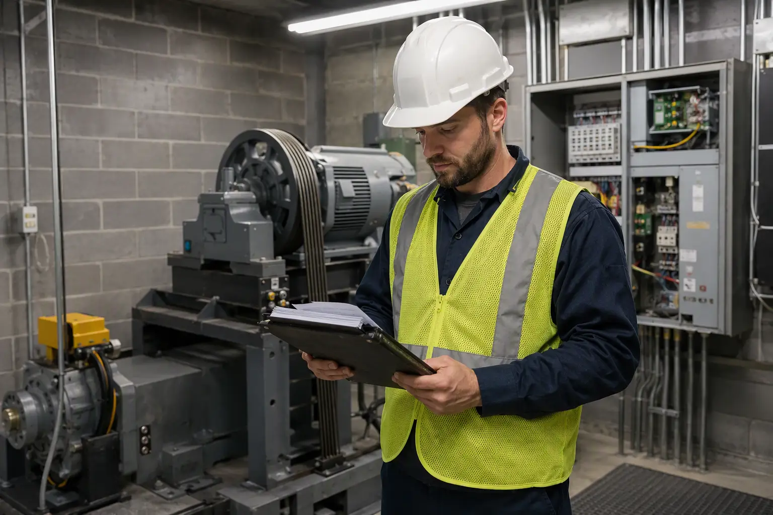 Licensed elevator inspector reviewing compliance documentation on a clipboard inside a commercial elevator machine room with controller panel and traction motor visible