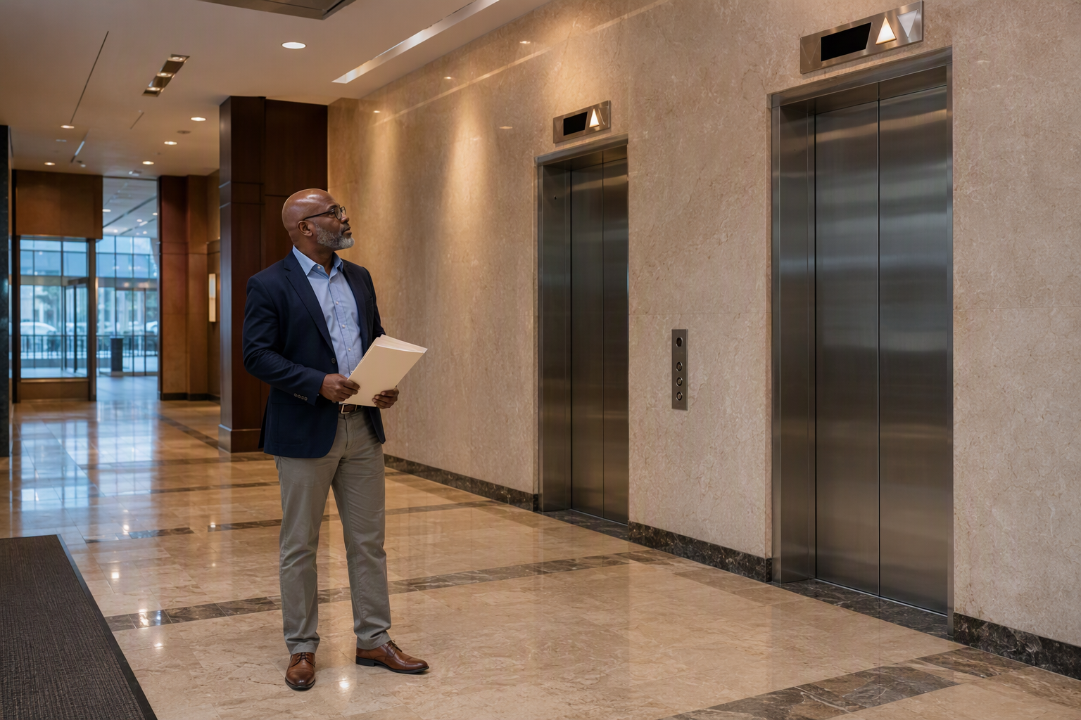 Building manager reviewing elevator inspection certificate documents in the lobby of a Baltimore mid-rise office building with stainless-steel elevator doors in background