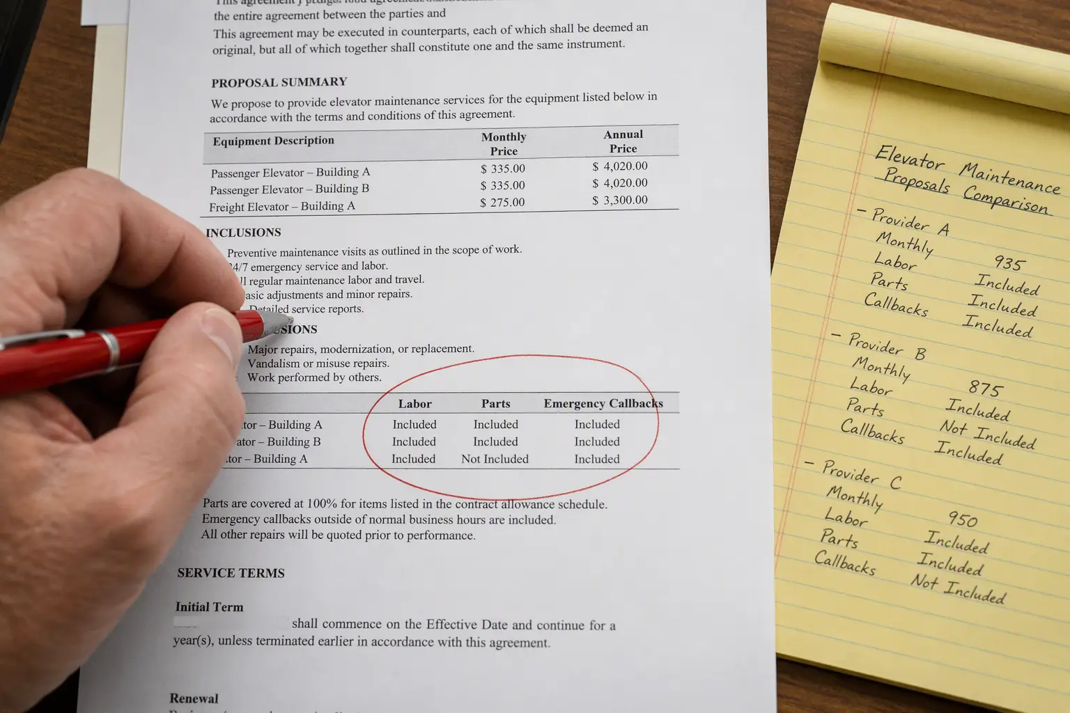Building manager reviewing and annotating elevator maintenance contract line items covering labor, parts coverage, and emergency callback terms for fair price comparison