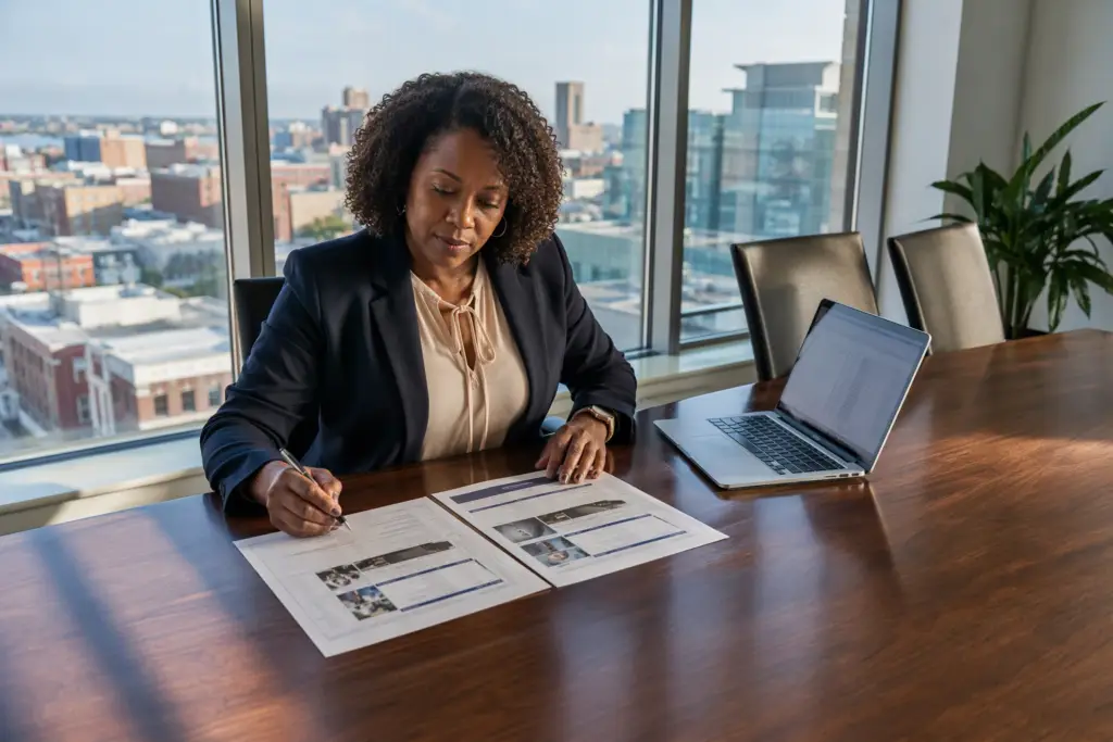 Facility manager comparing two elevator maintenance proposals side by side at a conference table, evaluating scope and pricing to determine fair quotes