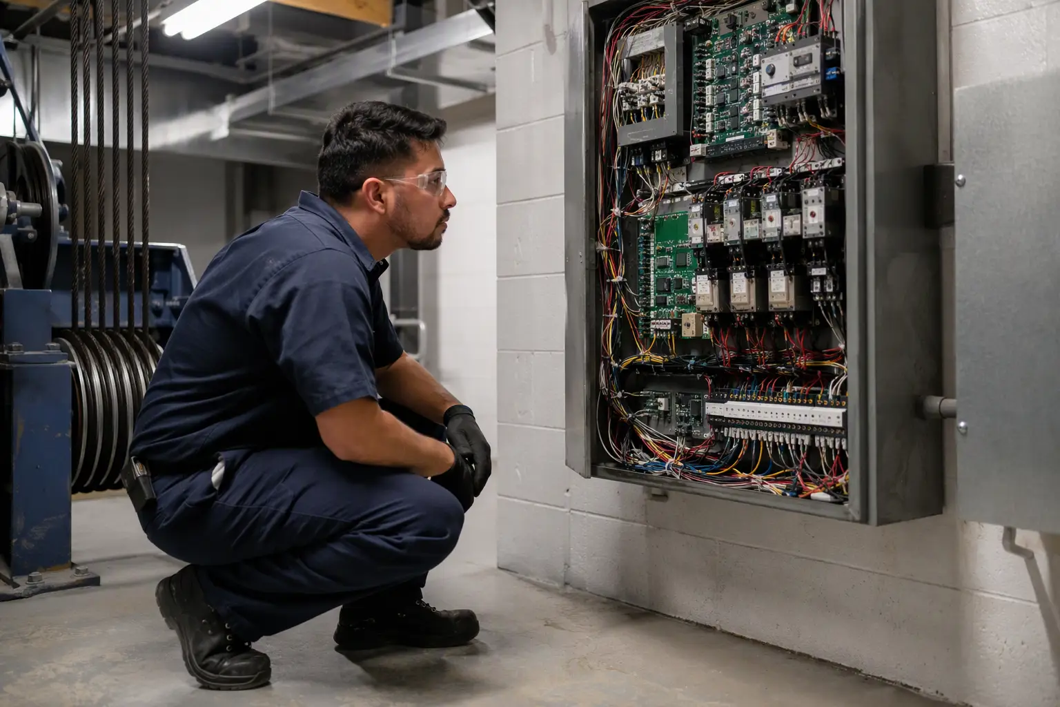 Licensed elevator technician inspecting controller panel in a commercial machine room, demonstrating the hands-on maintenance work that should be included in a fairly priced service proposal