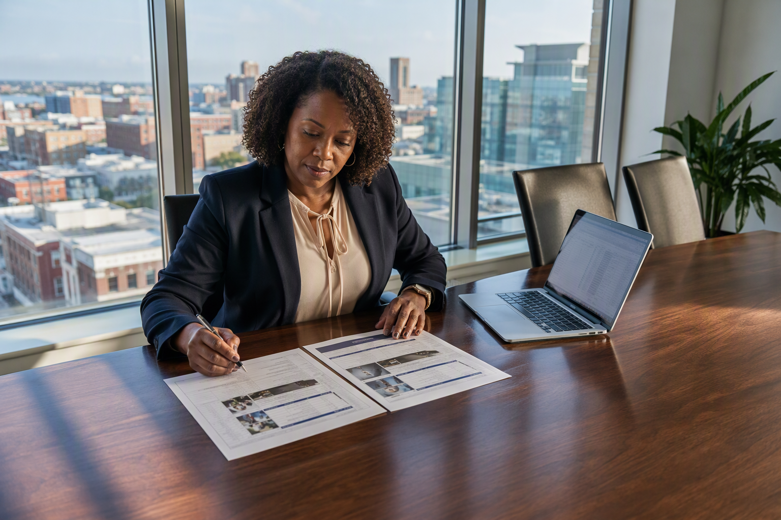 Facility manager comparing two elevator maintenance proposals side by side at a conference table, evaluating scope and pricing to determine fair quotes