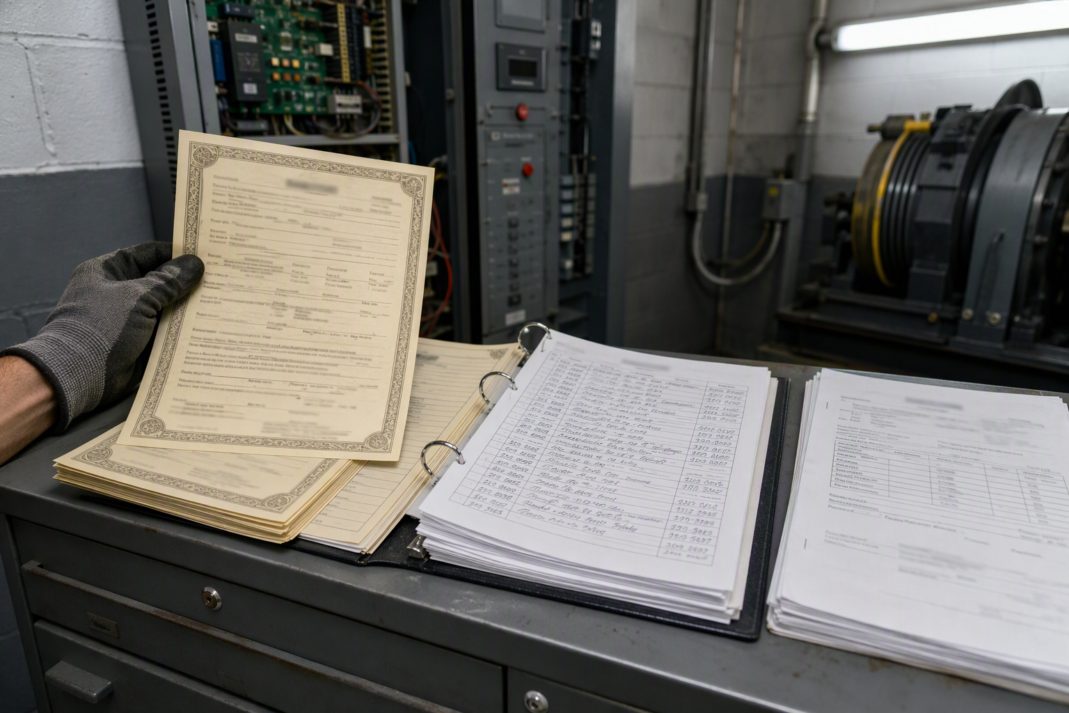 Elevator inspection certificates and maintenance log records organized in a machine room during an elevator maintenance company transition, showing record transfer documentation