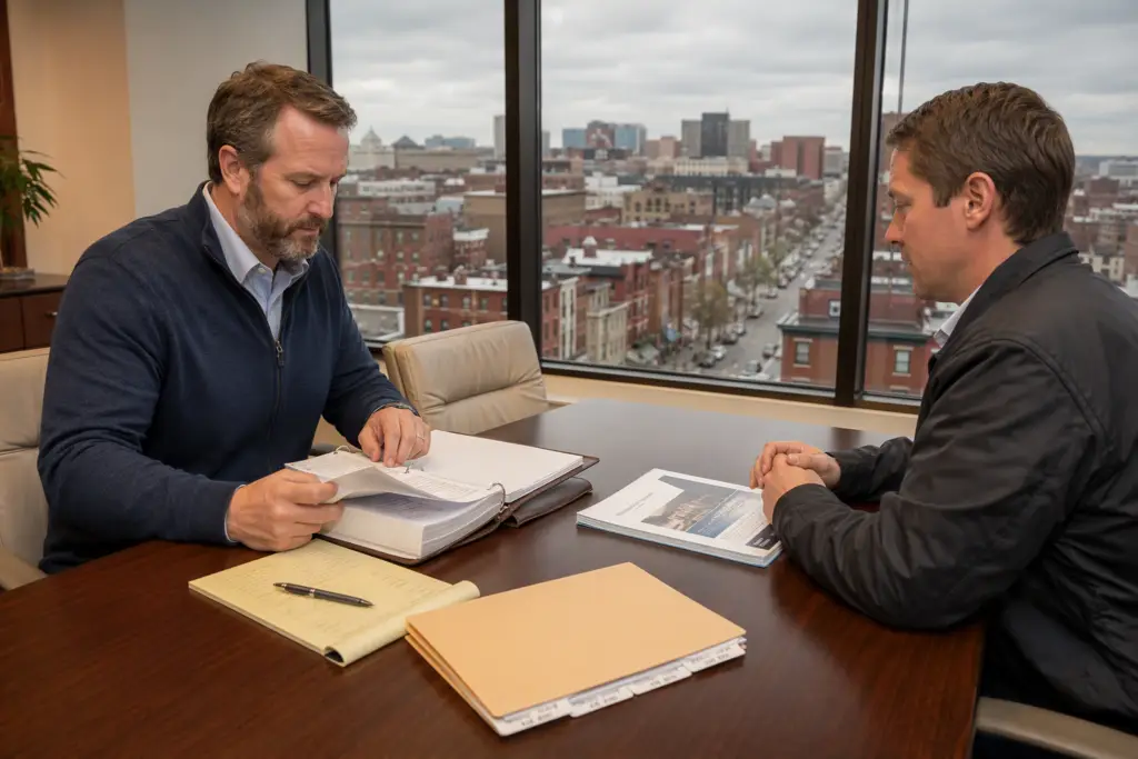 Building manager reviews elevator maintenance contract terms with a new vendor representative before switching elevator maintenance companies, Baltimore office setting