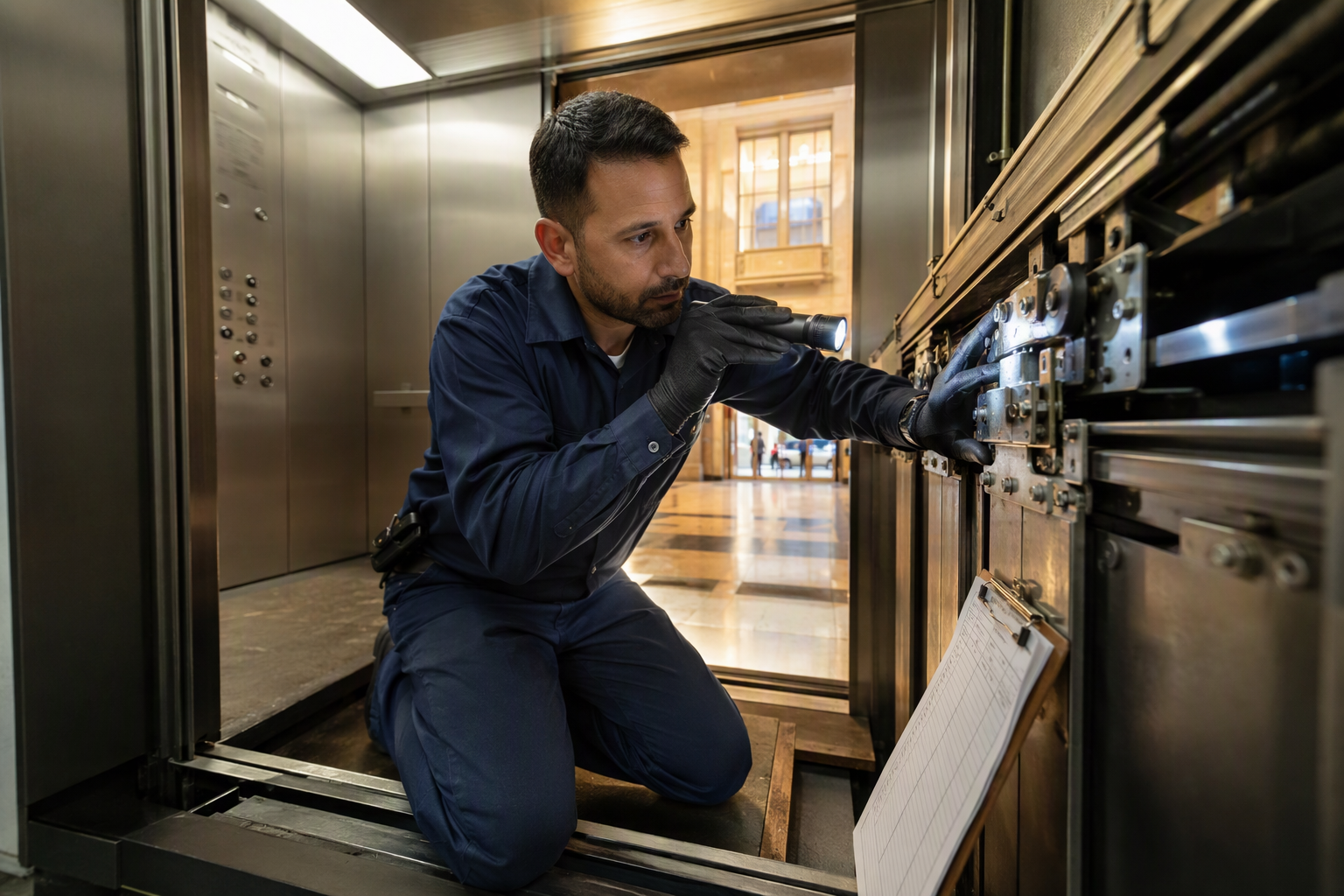 Licensed elevator technician inspecting door operator mechanism during a new elevator maintenance company onboarding visit at a Washington DC commercial building