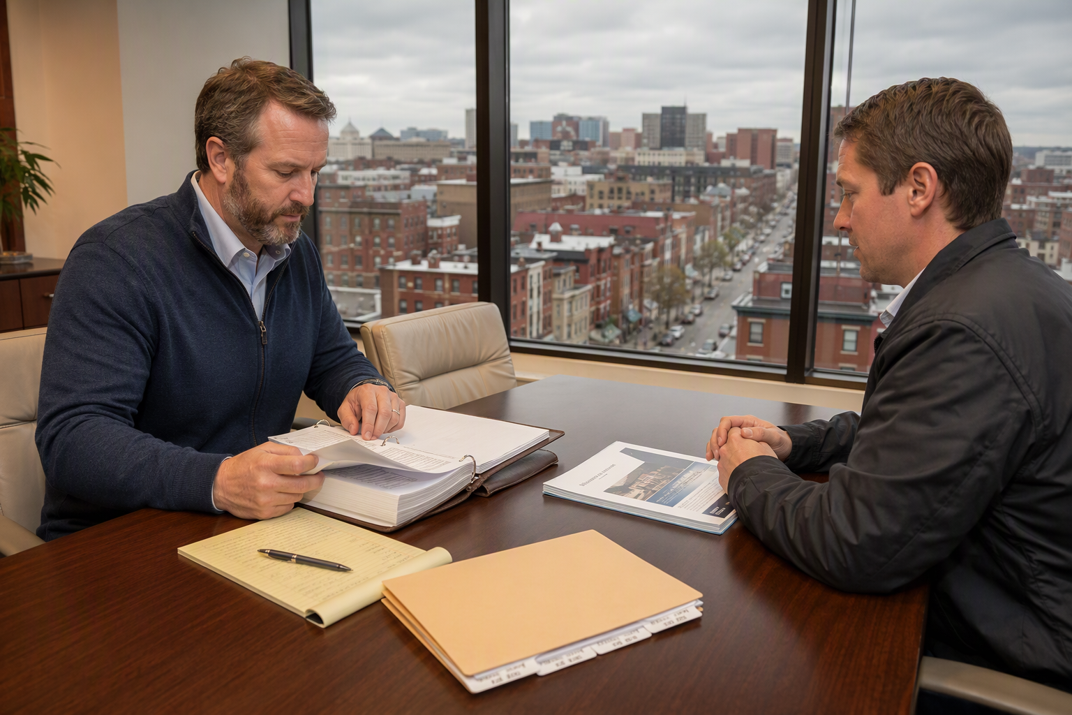 Building manager reviews elevator maintenance contract terms with a new vendor representative before switching elevator maintenance companies, Baltimore office setting
