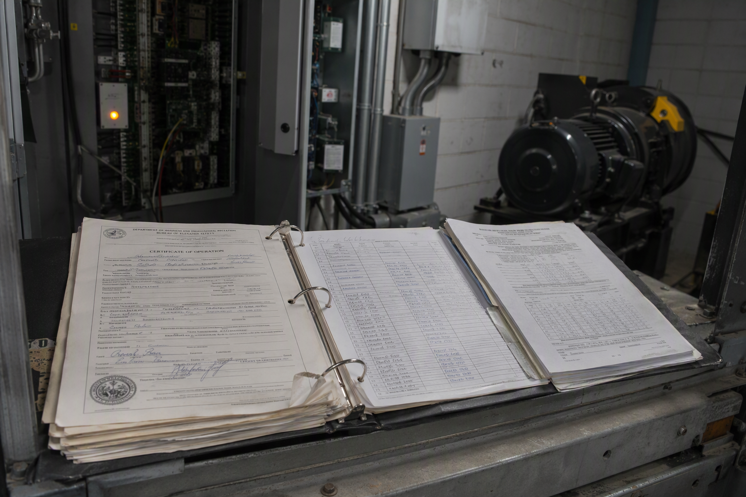 Elevator Inspection Records Ready for Transfer Elevator inspection certificates and maintenance log records in a three-ring binder inside a machine room, showing the documentation that must be transferred when switching elevator service companies