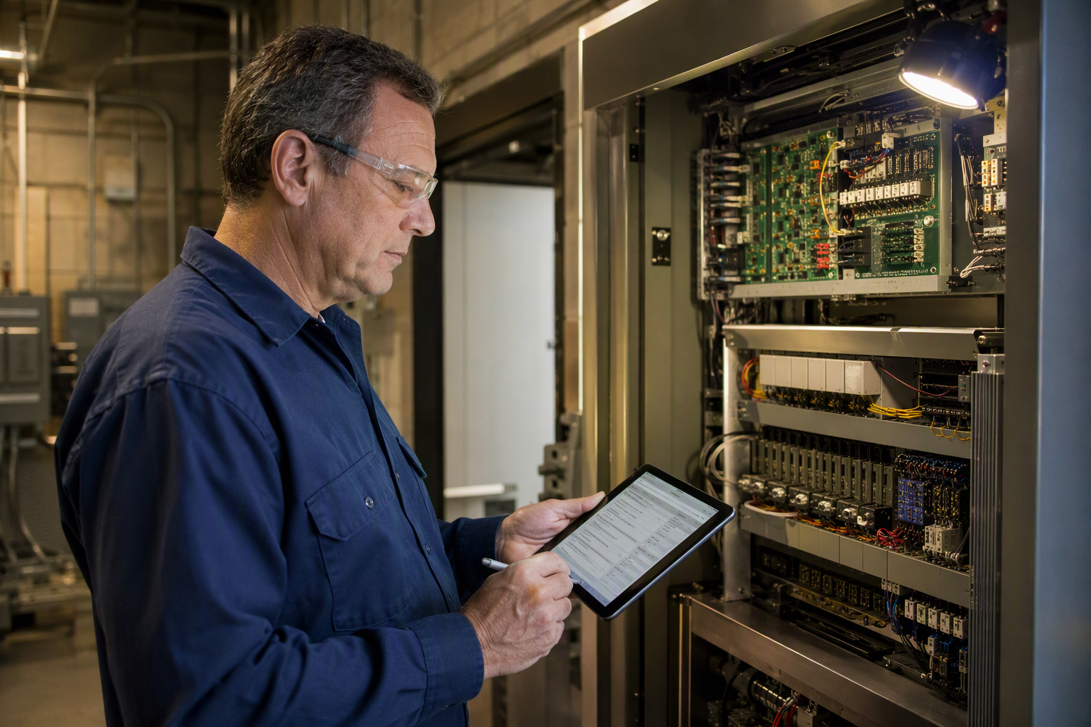 Licensed Elevator Technician Conducting Transition Inspection Licensed elevator mechanic reviewing digital inspection checklist at an open controller cabinet during an elevator service transition in a Baltimore commercial building machine room