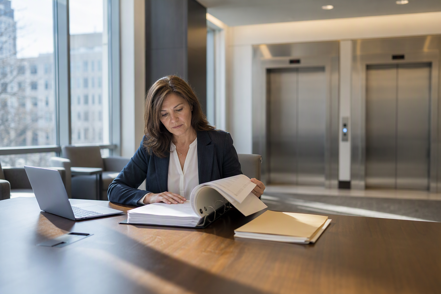 Reviewing Your Elevator Contract Before Switching Providers Property manager reviewing elevator maintenance contract documents before switching elevator service companies, Washington DC mid-rise office lobby with stainless-steel elevator doors visible in backg