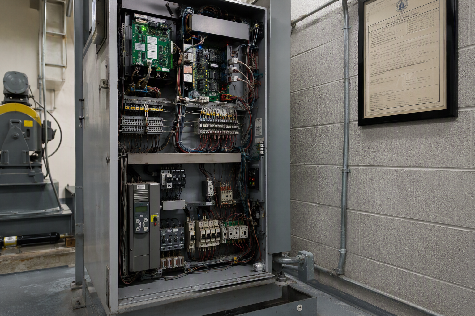 Machine Room Inspection Certificate and Controller Records Elevator machine room controller cabinet with inspection certificate mounted on wall, showing compliance documentation during a contractor transition in Washington DC