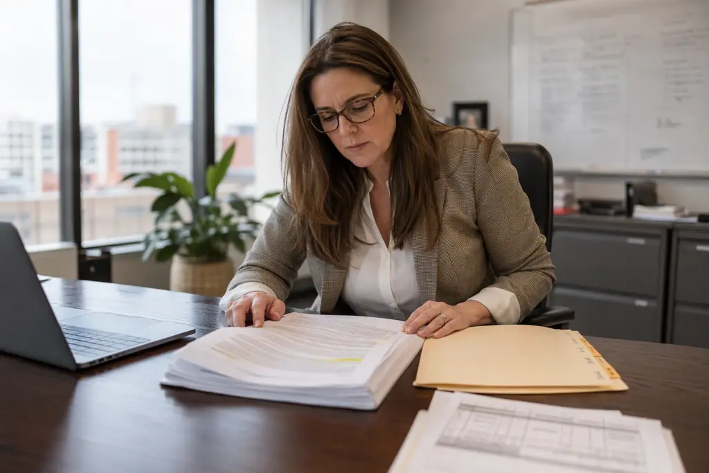 Property manager reviewing elevator service contract exit clauses and inspection records at her Baltimore office desk before switching elevator service companies