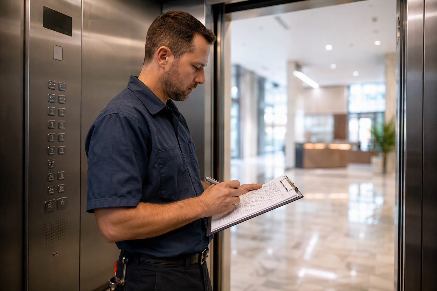 New Contractor Verification and Cab Inspection at Transition Licensed elevator technician reviewing service documentation inside a modernized elevator cab during a contractor transition inspection in Philadelphia