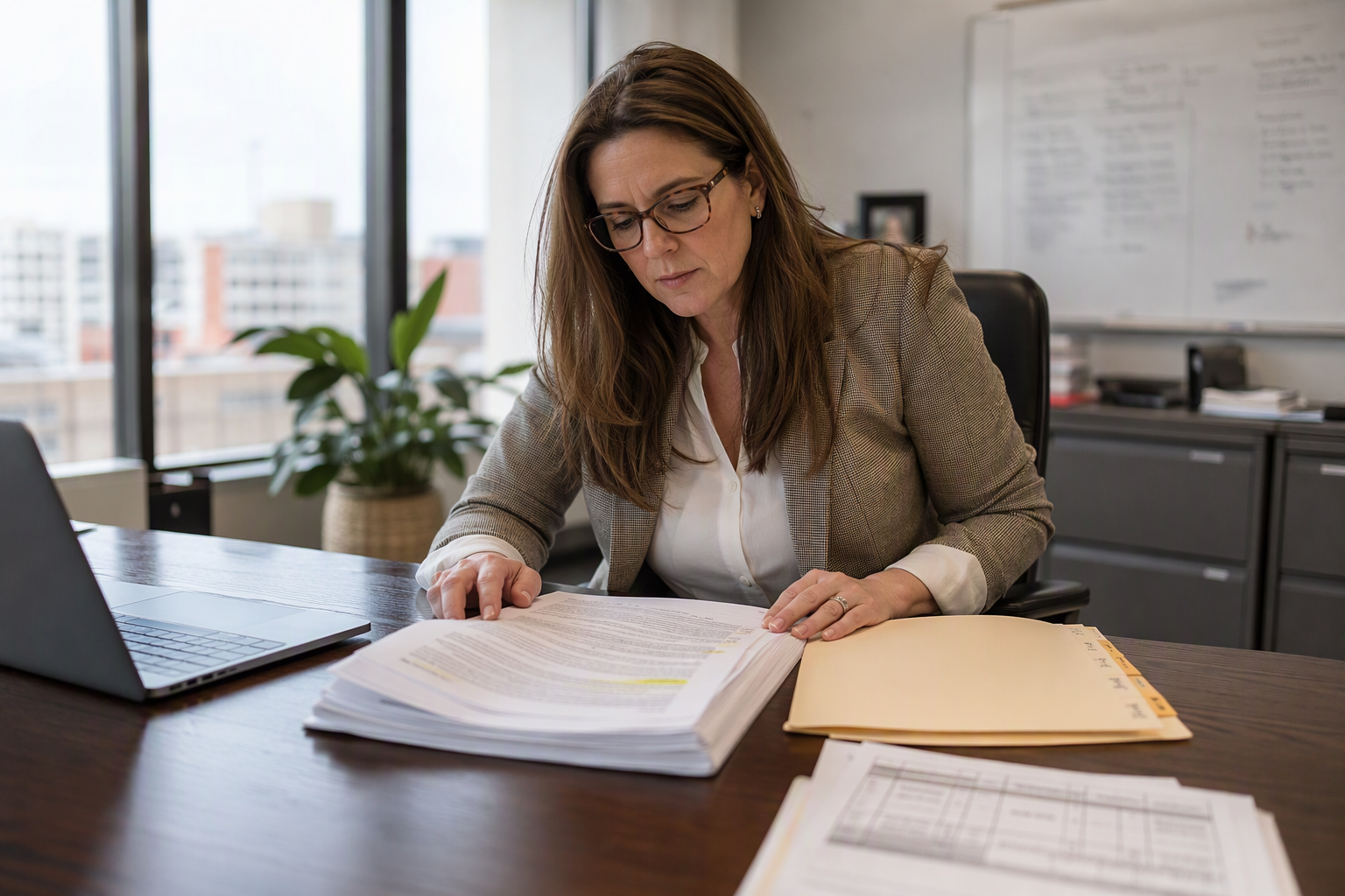 Reviewing Elevator Service Contract Before Switching Contractors Property manager reviewing elevator service contract exit clauses and inspection records at her Baltimore office desk before switching elevator service companies