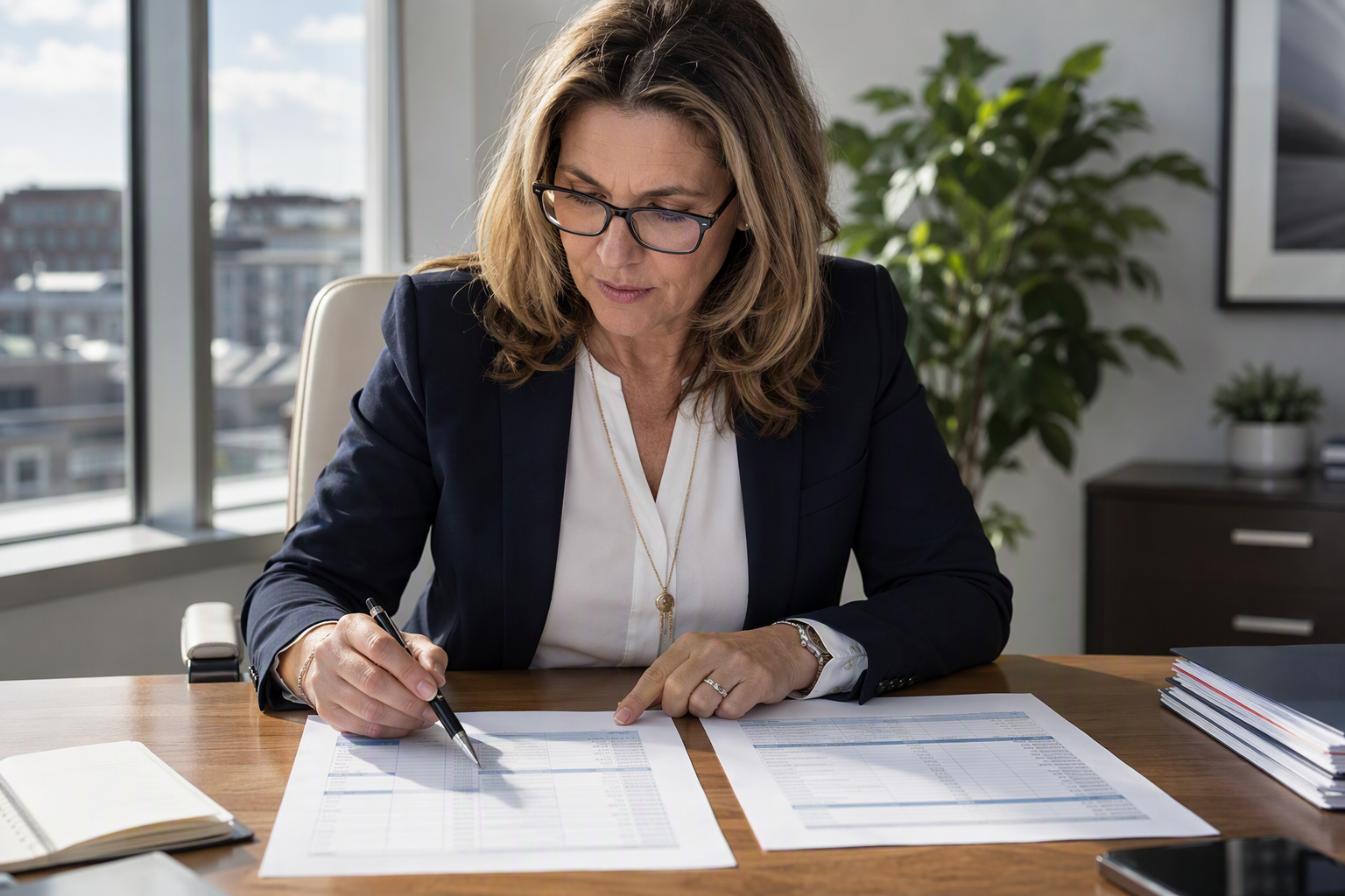 Comparing Elevator Diagnostic Fee Proposals Building manager comparing elevator service company diagnostic fee proposals at a desk in a Washington DC property management office.