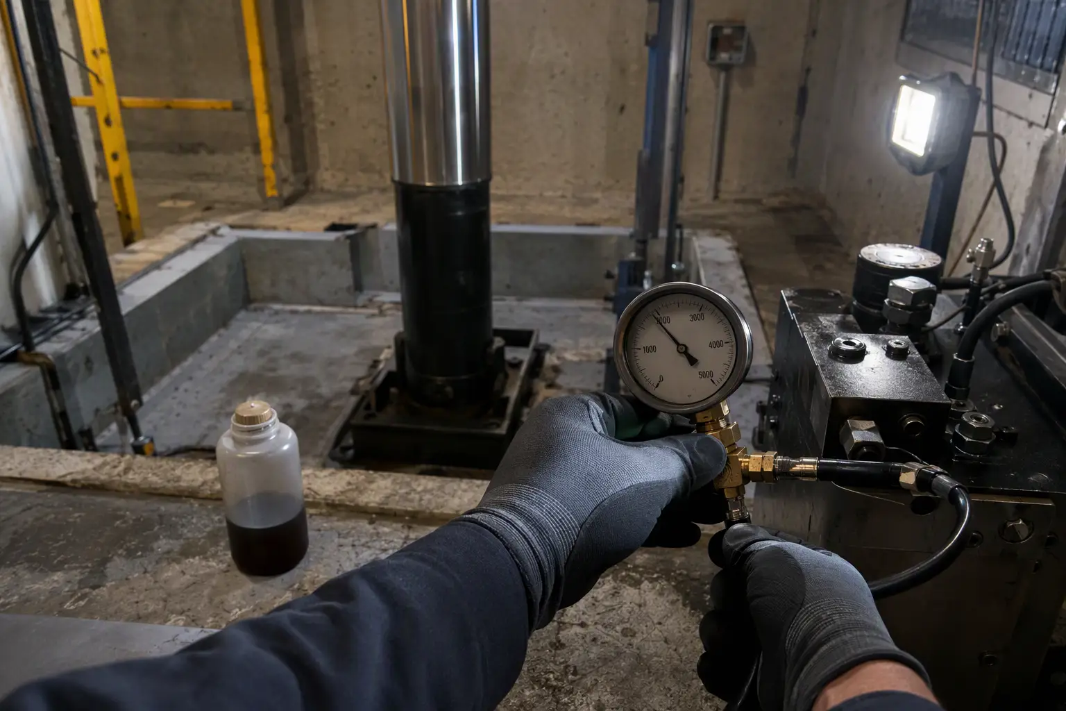 Hydraulic Elevator Pressure Test During Diagnostic Technician performing hydraulic pressure testing and oil sampling during an in-ground hydraulic elevator diagnostic assessment in a Philadelphia residential building.