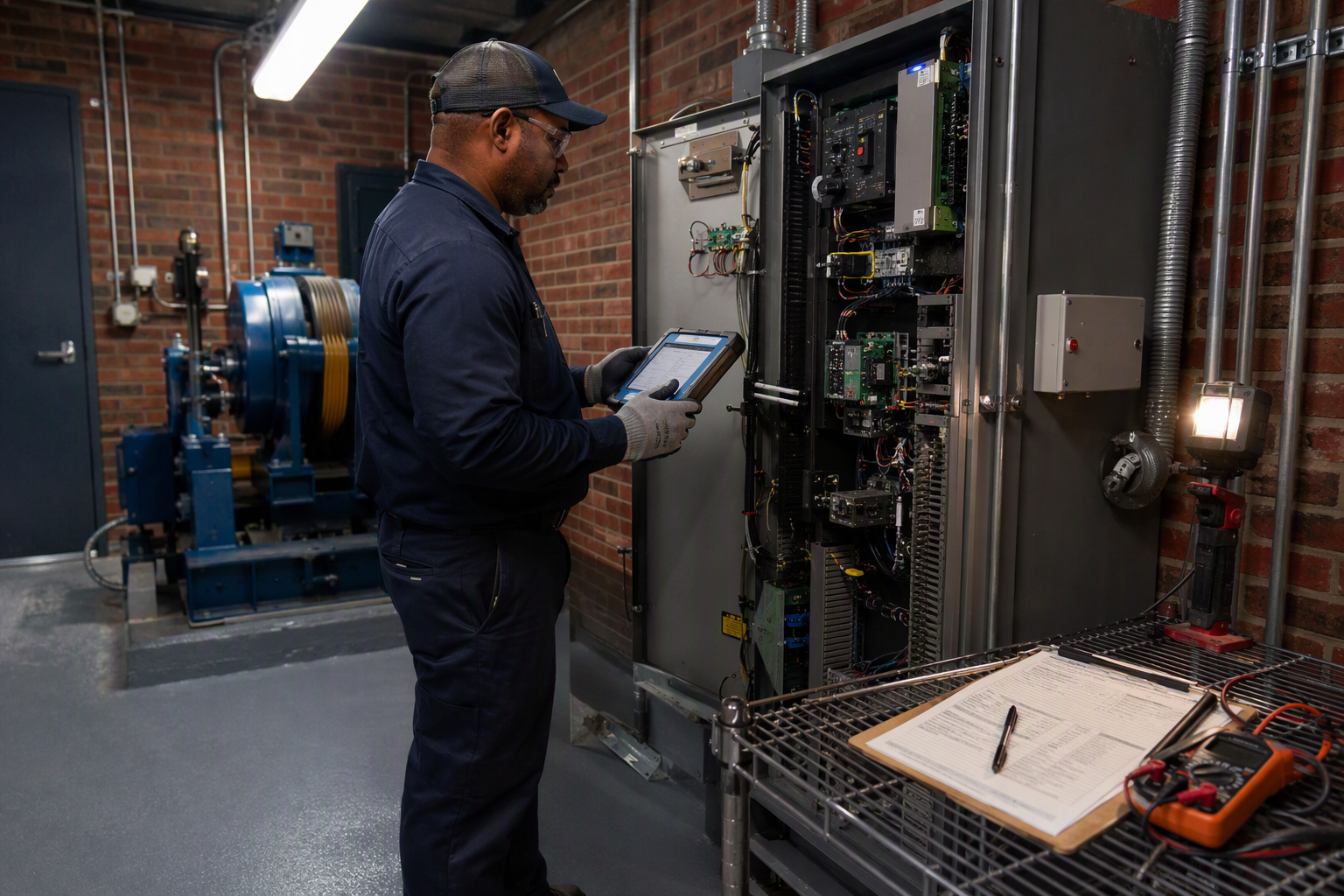 Elevator Diagnostic Assessment in Machine Room Licensed elevator technician retrieving fault codes from a microprocessor controller during a diagnostic assessment of a malfunctioning elevator in a Baltimore office building.