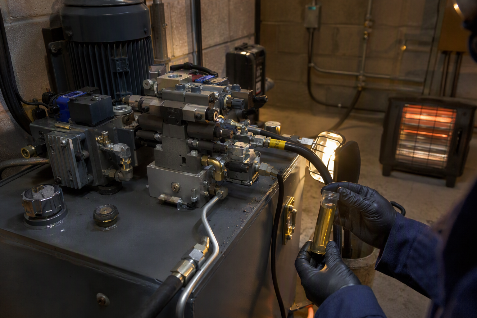 Elevator technician checking hydraulic fluid viscosity in a cold machine room, a key step in preparing a hydraulic elevator for winter weather
