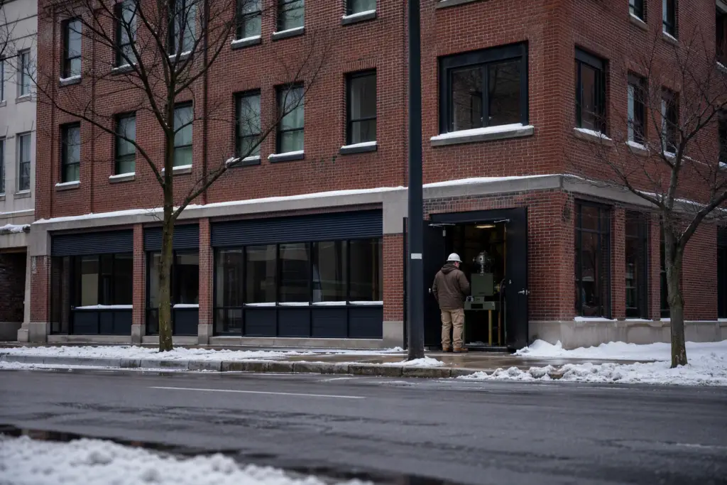 Building manager inspecting elevator mechanical room entrance on a cold winter morning in a Mid-Atlantic urban setting, preparing elevator for winter weather