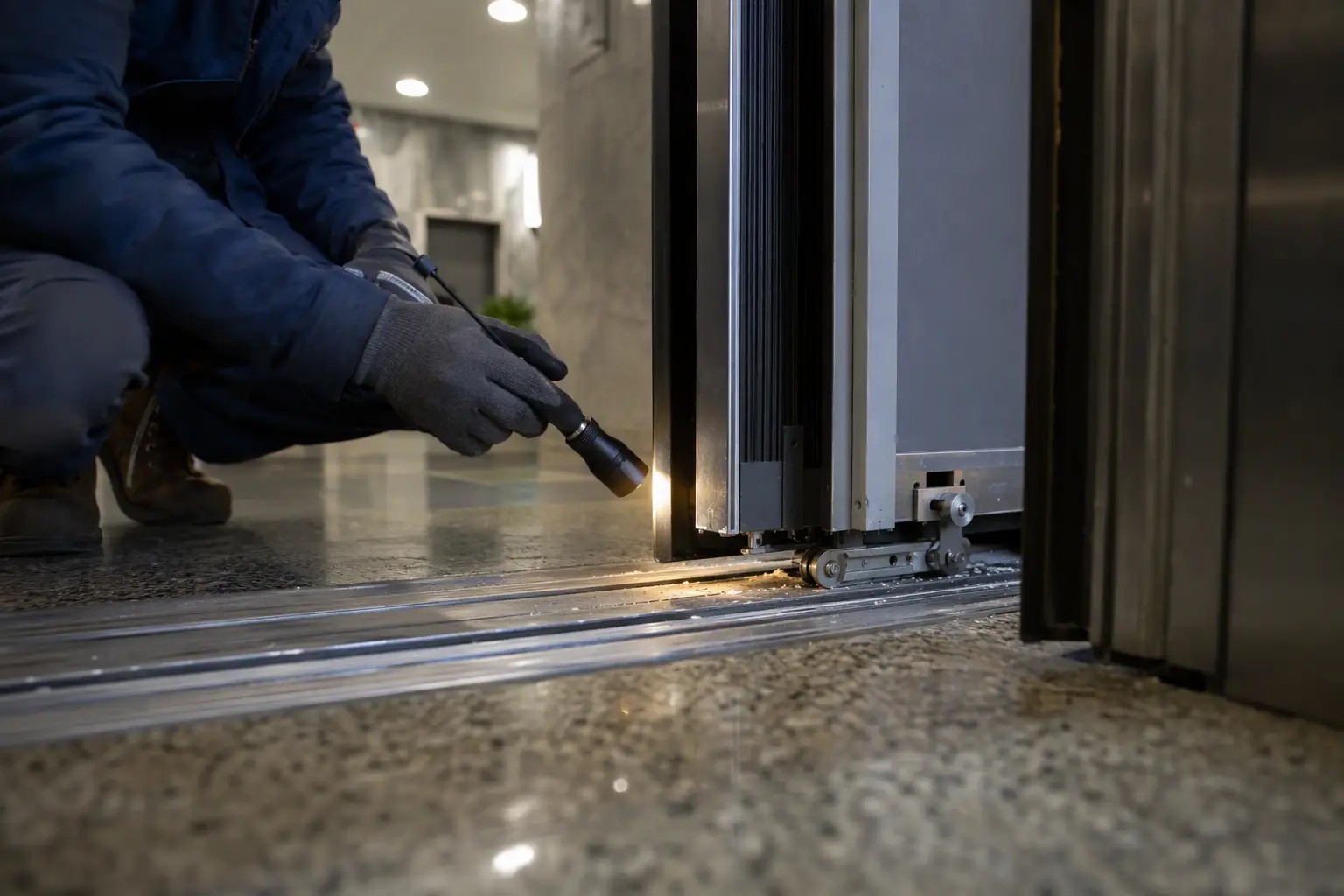 Elevator technician inspecting door track and safety edge sensor in a commercial lobby during winter maintenance check for cold-weather performance issues