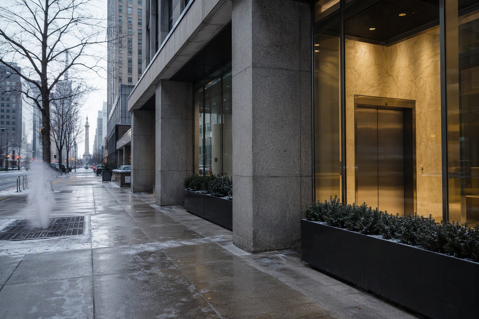Baltimore commercial building exterior on a cold winter morning with frost on the ground and elevator lobby visible through lobby glass, illustrating cold weather elevator breakdown risks