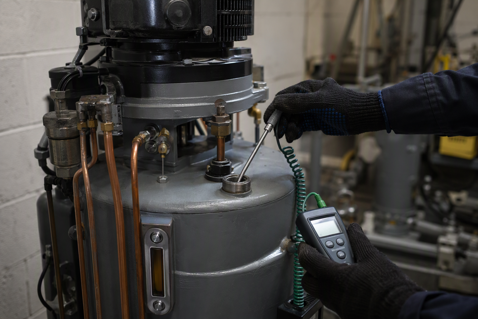 Elevator hydraulic power unit in a machine room with technician checking fluid temperature in winter, showing immersion heater and hydraulic lines — key cold weather elevator maintenance step