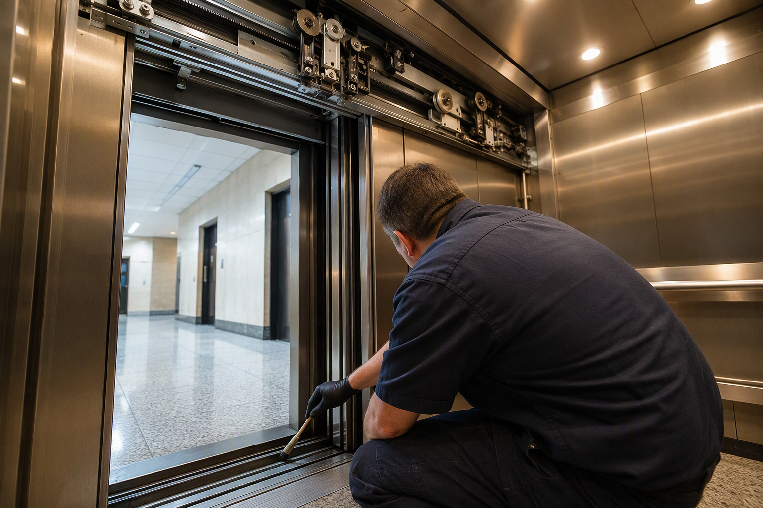 Elevator technician applying cold-compatible lubricant to door track and sill inside a Philadelphia office building elevator cab, preventing door operator failures in winter cold weather