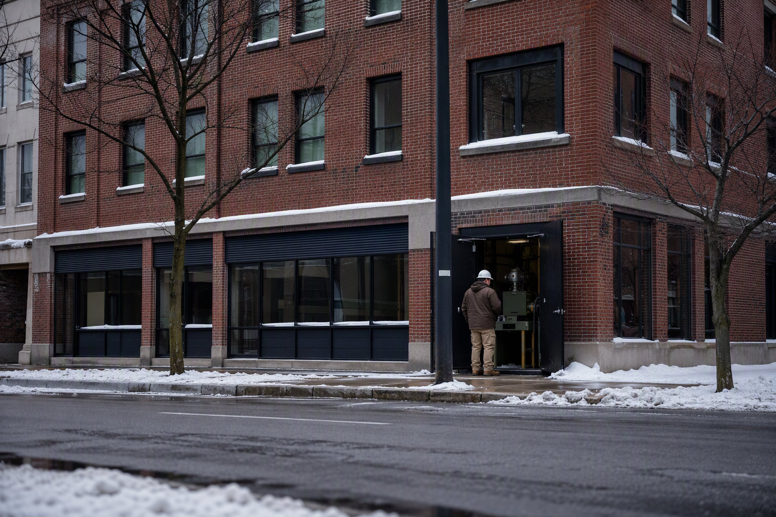 Building manager inspecting elevator mechanical room entrance on a cold winter morning in a Mid-Atlantic urban setting, preparing elevator for winter weather