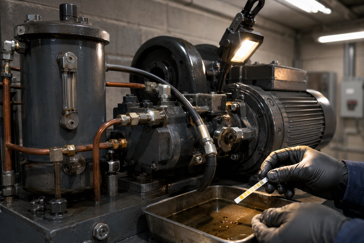 Hydraulic Fluid Viscosity Check — Machine Room Elevator technician testing hydraulic fluid viscosity on a low-rise commercial building's hydraulic power unit inside a machine room during a pre-winter elevator inspection.