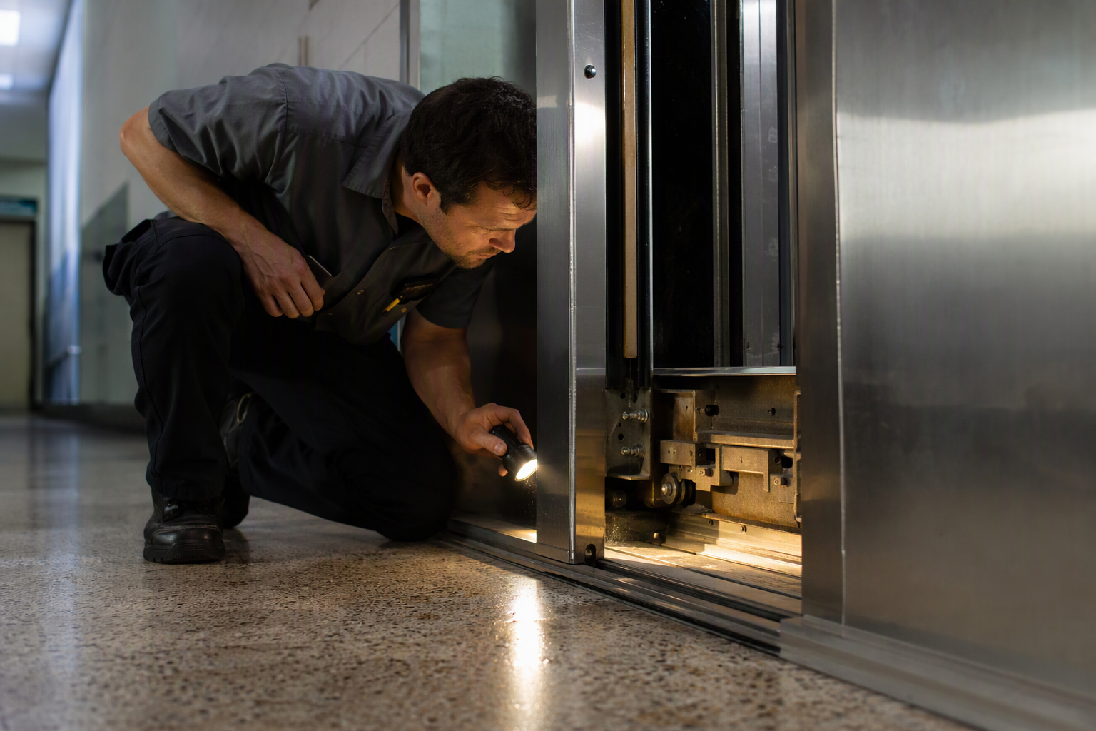 Door Track and Clutch Inspection — Cold Weather Prep Elevator technician inspecting door track, sill guide, and clutch mechanism on a commercial building elevator in Philadelphia to prevent cold weather door binding and sensor misfires.
