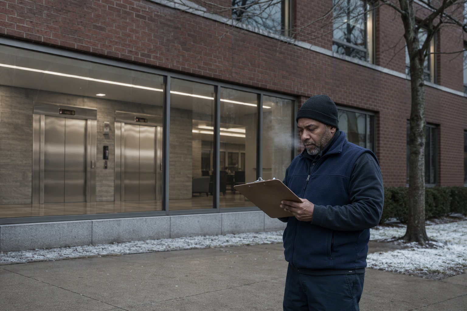 Winter Elevator Preparation — Building Owner Review Baltimore building manager reviewing elevator winter maintenance checklist outside a mid-rise office building on a cold overcast morning, preparing for cold weather elevator performance issues.